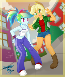 Size: 2104x2500 | Tagged: safe, artist:danmakuman, applejack, rainbow dash, human, equestria girls, g4, belly button, clothes, duo, duo female, female, midriff, sleeveless, tank top