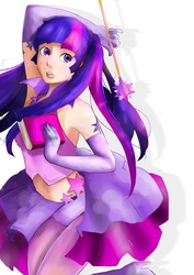 Size: 848x1200 | Tagged: safe, artist:chika_rosio, twilight sparkle, human, g4, armpits, book, clothes, evening gloves, female, humanized, magical girl, pixiv, solo, wand