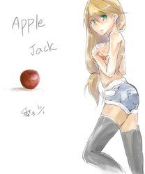 Size: 600x720 | Tagged: safe, artist:mariko, applejack, human, g4, apple, clothes, daisy dukes, female, humanized, japanese, obligatory apple, pixiv, simple background, solo
