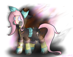 Size: 6200x4800 | Tagged: safe, artist:wonder-waffle, fluttershy, pegasus, pony, g4, absurd resolution, bandage, blood, bruised, bunny ears, clothes, dangerous mission outfit, female, flutterbadass, gas mask, hoodie, mare, solo, torn clothes