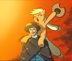 Size: 1024x868 | Tagged: safe, artist:doublewbrothers, applejack, earth pony, human, pony, g4, clint eastwood, cropped, cute, jackabetes, piggyback ride, ponies riding humans, riding, the man with no name