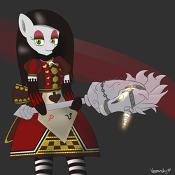 Size: 2500x2500 | Tagged: safe, artist:verminshy, semi-anthro, alice: madness returns, clothes, crossover, dress, hobby horse, kneesocks, ponified, solo