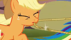 Size: 1679x941 | Tagged: safe, screencap, applejack, rainbow dash, fall weather friends, g4, out of context, rope, whip