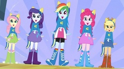 Size: 779x433 | Tagged: safe, edit, edited screencap, screencap, applejack, fluttershy, pinkie pie, rainbow dash, rarity, equestria girls, g4, boots, breasts, clothes, cowboy boots, female, gimp, helping twilight win the crown, high heel boots, humane five, jewelry, polka dot socks, rainbow socks, skirt, socks, striped socks, wondercolts uniform