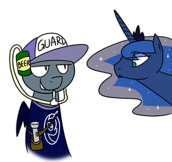 Size: 628x594 | Tagged: safe, artist:grilledcat, princess luna, bat pony, pony, g4, baseball cap, beer, cap, clothes, drinking hat, duo, flashlight (object), hat, night guard, shirt, simple background
