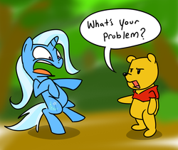 Size: 700x591 | Tagged: safe, artist:grilledcat, trixie, bear, pony, unicorn, g4, crossover, duo, duo male and female, female, male, pooh, winnie the pooh, yellow bear
