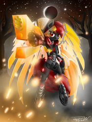Size: 1536x2048 | Tagged: safe, artist:jasper77wang, oc, oc only, pony, armor, artificial wings, augmented, badass, bipedal, crescent moon, crossover, magic, magic wings, mass effect, moon, omni-tool, solo, wings