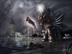 Size: 720x540 | Tagged: safe, artist:turbopower1000, oc, oc only, oc:cerulean glare, armor, city, equestria: the lost war, fanfic, gun, skyscraper, solo, weapon