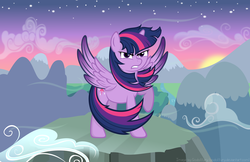 Size: 5000x3231 | Tagged: safe, artist:godoffury, twilight sparkle, alicorn, pony, g4, angry, cloud, female, mare, mountain, solo, stars, sunrise, twilight sparkle (alicorn), vector, windswept mane