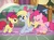 Size: 1584x1178 | Tagged: safe, artist:reitanna-seishin, apple bloom, derpy hooves, pinkie pie, pegasus, pony, fanfic:muffins, g4, beret, bowtie, braided tail, fanfic art, female, hat, mare, necklace, sequins, top hat