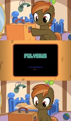 Size: 640x1080 | Tagged: safe, artist:jan, button mash, earth pony, g4, button's odd game, colt, foal, hat, male, meme, polybius, propeller hat, this game does not exist, video game