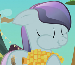 Size: 644x563 | Tagged: safe, screencap, sapphire joy, crystal pony, pony, g4, the crystal empire, corn, eating, female, herbivore, scrunchy face, solo