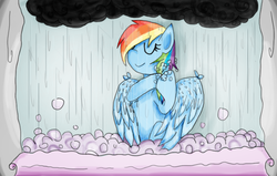 Size: 792x504 | Tagged: safe, artist:haxthewolf, rainbow dash, g4, cloud, female, rain, shower, solo, washing