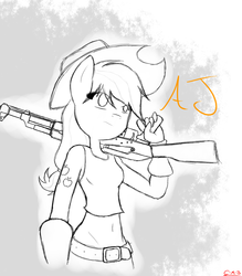 Size: 1050x1200 | Tagged: safe, artist:call-me-jack, applejack, earth pony, anthro, g4, alternative cutie mark placement, clothes, female, gloves, gun, hat, rifle, solo, weapon