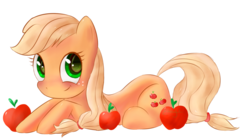 Size: 1024x573 | Tagged: safe, artist:cortella, applejack, g4, apple, female, looking at you, prone, simple background, solo