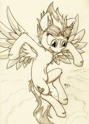 Size: 1000x1388 | Tagged: safe, artist:punk-pegasus, spitfire, g4, female, flying, goggles, solo, traditional art