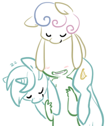 Size: 314x378 | Tagged: safe, artist:php27, bon bon, lyra heartstrings, sweetie drops, oc, oc:anon, human, pony, g4, blushing, bon bon riding anon, carrying, cute, eyes closed, hug, lyra riding anon, lyrabonanon, open mouth, ponies riding humans, pony hat, riding, sleeping, smiling, you gets all the mares, zzz