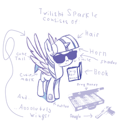 Size: 1537x1560 | Tagged: safe, artist:da-futaba, edit, twilight sparkle, alicorn, pony, g4, book, cute, desert eagle, diagram, female, gun, mare, money, sketch, solo, twilight sparkle (alicorn)