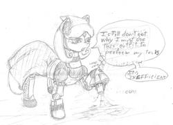 Size: 2085x1511 | Tagged: safe, artist:b-i-r, oc, oc only, android, pony, robot, robot pony, clothes, dialogue, irritated, maid, monochrome, n40 mare, sketch, solo, traditional art, vacuum cleaner, wip, ya es hora