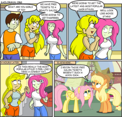 Size: 560x538 | Tagged: safe, applejack, fluttershy, g4, alternate hairstyle, comic, sailorsun, scrunchy face, webcomic