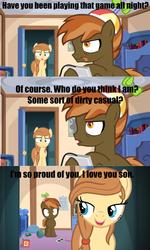 Size: 1668x2772 | Tagged: safe, artist:jan, button mash, oc, oc:cream heart, earth pony, pony, button's adventures, g4, button, casual, colt, earth pony oc, female, filthy casual, foal, image macro, male, mare, mother and child, mother and son, video game