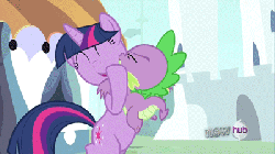 Size: 400x225 | Tagged: safe, screencap, spike, twilight sparkle, pony, unicorn, g4, season 3, the crystal empire, animated, bipedal, dropping, duo, frown, gif, holding, holding a dragon, hub logo, the failure song, unicorn twilight