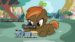 Size: 640x357 | Tagged: safe, artist:jan, button mash, earth pony, pony, button's adventures, g4, animated, colt, fire, floppy ears, foal, hat, hooves, male, metaphor gif, opinion, ponyville, prone, propeller hat, shocked, smiling, solo, spontaneous combustion, standing, teeth, train, tree