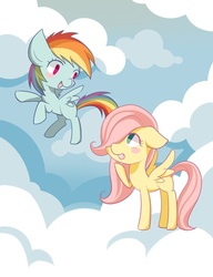 Size: 500x652 | Tagged: safe, artist:vivian reed, fluttershy, rainbow dash, g4, cloud, cloudy, filly, flying, younger