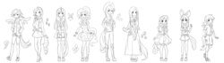 Size: 1765x500 | Tagged: safe, artist:vivian reed, apple bloom, applejack, fluttershy, pinkie pie, rainbow dash, rarity, scootaloo, sweetie belle, twilight sparkle, human, g4, cutie mark crusaders, horn, horned humanization, humanized, line-up, lineart, mane six, monochrome, tailed humanization, winged humanization