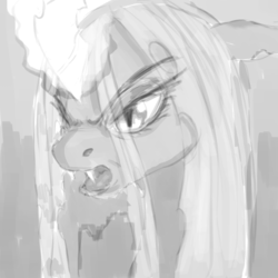 Size: 1024x1024 | Tagged: safe, artist:gela-g-i-s-gela, queen chrysalis, changeling, changeling queen, g4, :c, >:c, angry, female, floppy ears, frown, grayscale, magic, magic aura, mare, monochrome, open mouth, solo