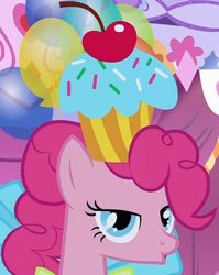 Size: 572x720 | Tagged: safe, screencap, pinkie pie, g4, balloon, cupcake, female, hat, solo