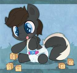 Size: 982x932 | Tagged: safe, artist:cuddlehooves, oc, oc only, oc:jimpy, oc:thought blossom, original species, pegasus, pony, skunk, skunk pony, baby, baby pony, cutie mark diapers, diaper, foal, pegaskunk, poofy diaper, solo