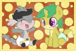 Size: 1500x1000 | Tagged: safe, artist:cuddlehooves, oc, oc only, oc:cryo, oc:lemon pie, dragon, pony, unicorn, baby, baby dragon, baby pony, diaper, foal, poofy diaper