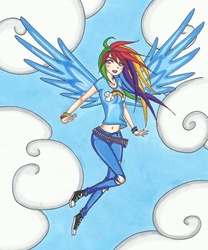 Size: 2390x2869 | Tagged: safe, artist:madhatterkyoko, rainbow dash, human, g4, belly button, female, humanized, midriff, solo, traditional art, winged humanization