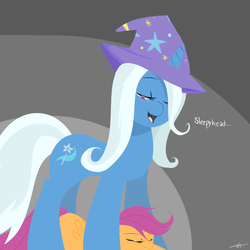 Size: 800x800 | Tagged: safe, artist:nickitty, scootaloo, trixie, pegasus, pony, unicorn, g4, ..., clothes, dialogue, duo, eyes closed, foal, hat, looking at someone, looking down, lying down, prone, simple background, sleeping, trixie's hat