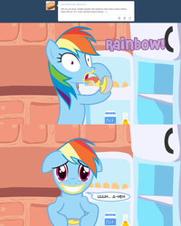 Size: 1280x1602 | Tagged: safe, artist:somepony, rainbow dash, pegasus, pony, g4, asksparklesanddashie, caught, custard, female, mare, milk, refrigerator, solo, tumblr