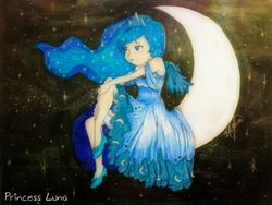 Size: 1300x975 | Tagged: safe, artist:sikiu, princess luna, human, g4, clothes, crescent moon, dress, female, humanized, moon, solo, tangible heavenly object, traditional art, transparent moon