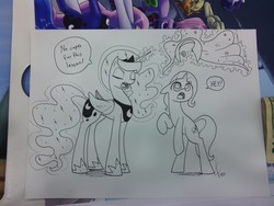 Size: 2592x1944 | Tagged: safe, artist:valcron, princess luna, trixie, bronycon, g4, magic, monochrome, photo, traditional art, undressing