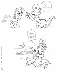 Size: 700x885 | Tagged: safe, artist:pia-sama, rarity, spike, dragon, pony, unicorn, g4, butt, comic, female, glomp, interspecies, lineart, male, mare, marriage proposal, monochrome, older, older spike, plot, ring, ship:sparity, shipping, straight