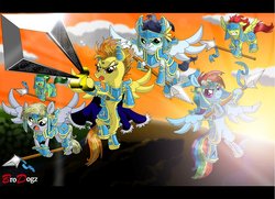 Size: 900x650 | Tagged: safe, artist:brodogz, derpy hooves, rainbow dash, soarin', spitfire, oc, pegasus, pony, g4, a new dawn, armor, backlighting, commission, fanfic art, female, flying, mare, weapon, wonderbolts