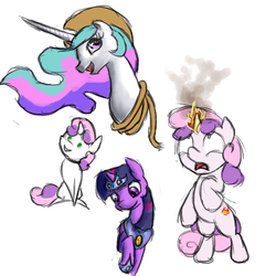 Size: 512x512 | Tagged: safe, artist:untiltheballoons, princess celestia, sweetie belle, twilight sparkle, pony, g4, bipedal, d:, fire, hat, jewelry, pointy ponies, pyro belle, rope, sketch, sketch dump, smiling