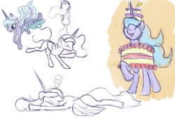 Size: 768x538 | Tagged: safe, artist:untiltheballoons, princess luna, g4, :p, cake, cake costume, clothes, costume, dancing, floppy ears, food, food costume, prone, sketch dump, sleeping, smiling, tongue out