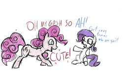 Size: 640x384 | Tagged: safe, artist:untiltheballoons, pinkie pie, rarity, g4, cute, do not want, filly, smiling, wide eyes