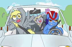 Size: 640x420 | Tagged: safe, artist:modern-warmare, derpy hooves, dinky hooves, oc, pegasus, pony, g4, car, driving, female, mare