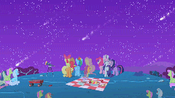 Size: 500x281 | Tagged: safe, screencap, apple bloom, applejack, bon bon, dizzy twister, fluttershy, linky, merry may, orange swirl, pinkie pie, rainbow dash, rarity, scootaloo, shoeshine, sweetie belle, sweetie drops, twilight sparkle, pony, unicorn, g4, owl's well that ends well, animated, butt, cutie mark crusaders, female, filly, foal, food, hill, horn, mane six, mare, meteor shower, night, outdoors, picnic, picnic blanket, plot, shooting stars, sitting, sky, stars, telescope, wagon