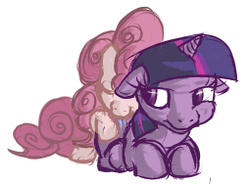 Size: 255x188 | Tagged: safe, artist:untiltheballoons, pinkie pie, twilight sparkle, g4, annoyed, cuddling, drool, eye twitch, eyes closed, female, floppy ears, lesbian, prone, ship:twinkie, shipping, sleeping, smiling, snuggling