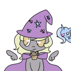 Size: 400x400 | Tagged: safe, artist:rue-willings, derpy hooves, trixie, pegasus, pony, unicorn, g4, accessory swap, cape, clothes, female, hat, mare, trixie's cape, trixie's hat