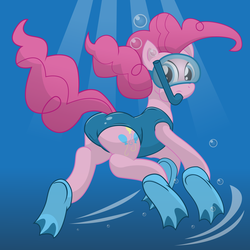 Size: 10800x10800 | Tagged: safe, artist:xniclord789x, pinkie pie, g4, absurd resolution, butt, clothes, diving, female, flippers (gear), goggles, one-piece swimsuit, plot, snorkel, snorkeling, solo, swim mask, swimsuit, underwater