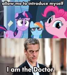 Size: 1655x1855 | Tagged: safe, pinkie pie, rainbow dash, twilight sparkle, alien, g4, doctor who, glasses, hipster glasses, peter capaldi, the doctor, time lord, twelfth doctor, twiface, wrong neighborhood