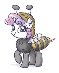 Size: 1000x1237 | Tagged: safe, artist:king-kakapo, sweetie belle, bee, pony, unicorn, g4, animal costume, bee costume, clothes, costume, cute, diasweetes, female, looking at you, nose wrinkle, raised hoof, smiling, solo, standing, sweetie bee, twiface, wrong neighborhood